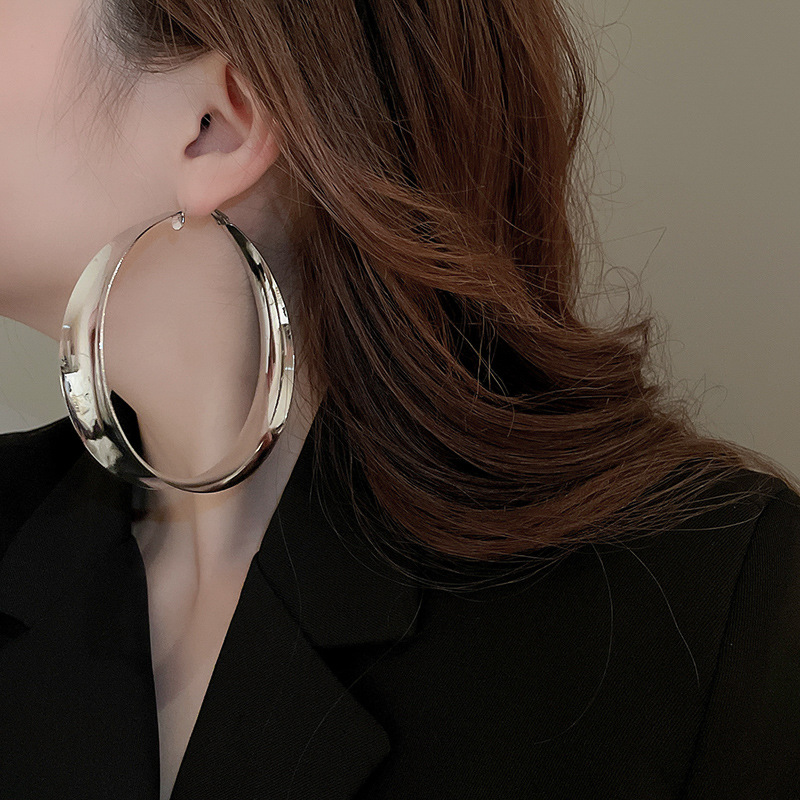 Sier Needle Exaggerated High-End Sense Plain Fashionable Elegant Stud Hoop Light Temperament Earrings for Women