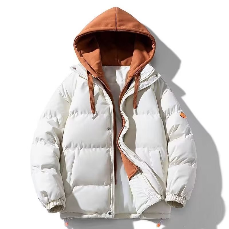 Winter New Trendy Warm Thickened Fake Two-piece Designer Jacket Hooded Men's Casual Loose Cotton Jacket