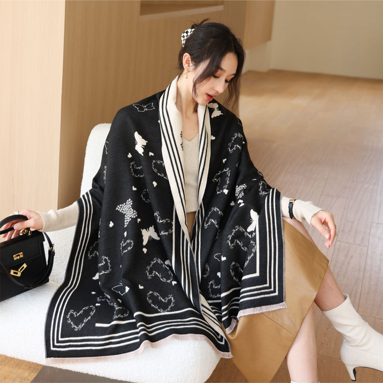 Ladies Butterfly Love Pattern Scarf Large Size Black And White Imitation Cashmere Shawl Warm And Versatile Scarf For Autumn And Winter Suitable For Da