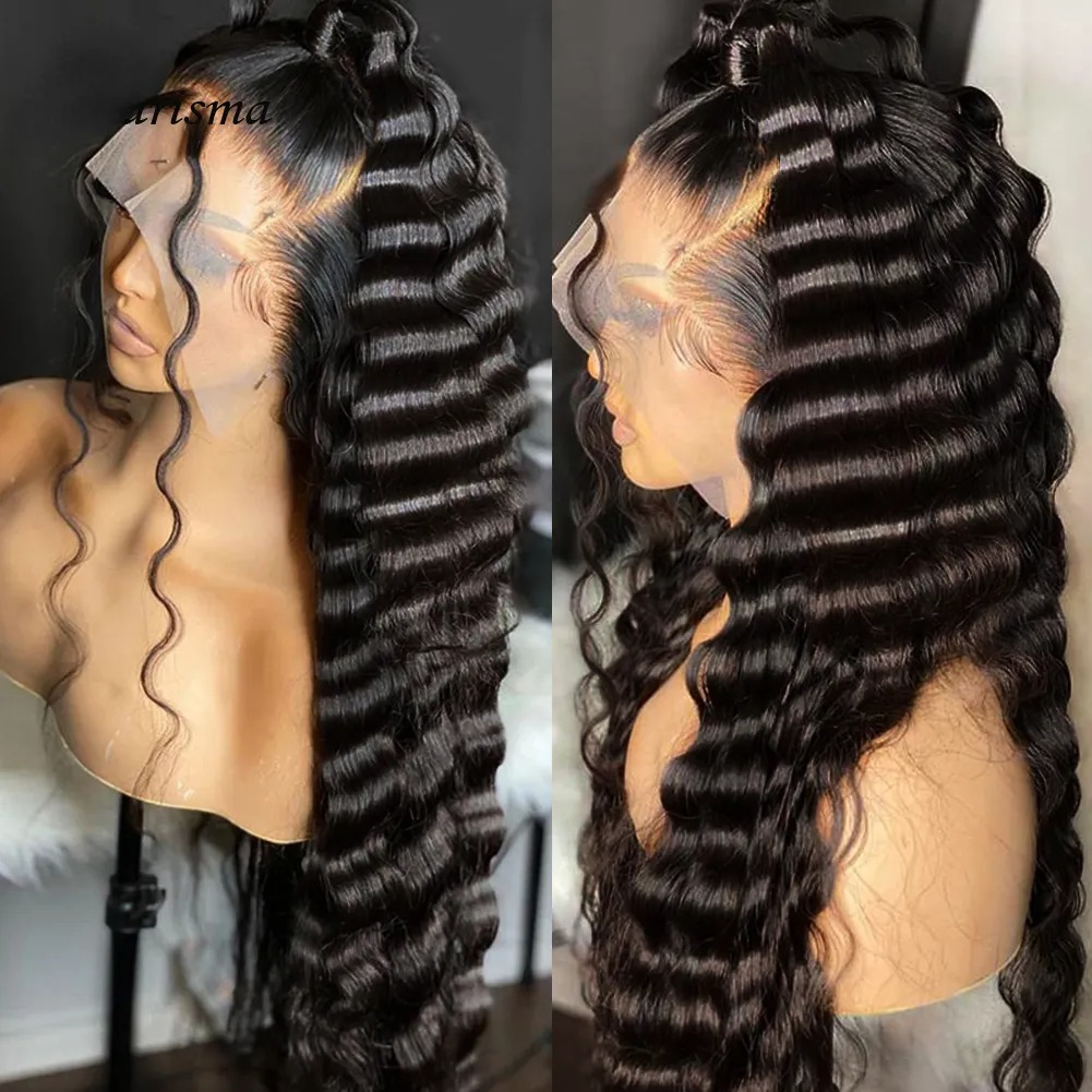 Black Loose Deep Wave Frontal Wigs HD Lace Wig 13x6 Human Hair Water Wave Curly Lace Front Wigs Brazilian Hair 360 Preplucked Ready To Wear Heat Resis