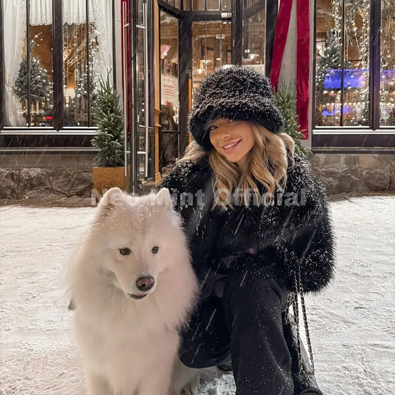 Neo Mint 2025 Winter Fashion Gradient Faux Fur Bucket Hats Women Thick Warm Fluffy Fox Fur Panama Fisherman Cap 251028