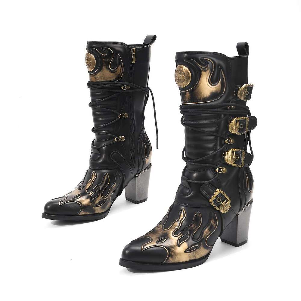 Women's Mid-Calf Faded Flame Design, Side Zipper Toe, 8.0Cm Chunky Heel, Versatile Footwear, Casual Trendy Pointed Toe Highquality Material, Dura