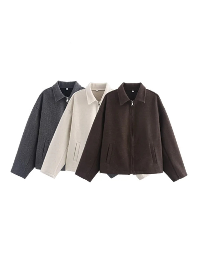 Womens Wide Solid Colour Zip T Jacket Fashion Style Basic Lapel Long Sleeve Coat Tops 251027