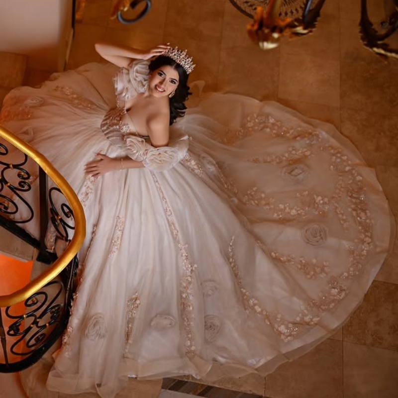 Champagne Shiny Quinceanera Dresses Off The Shoulder Applique Flower Beading Tull Party Birthday Sweet 16 Dress Vestidos 15 Anos