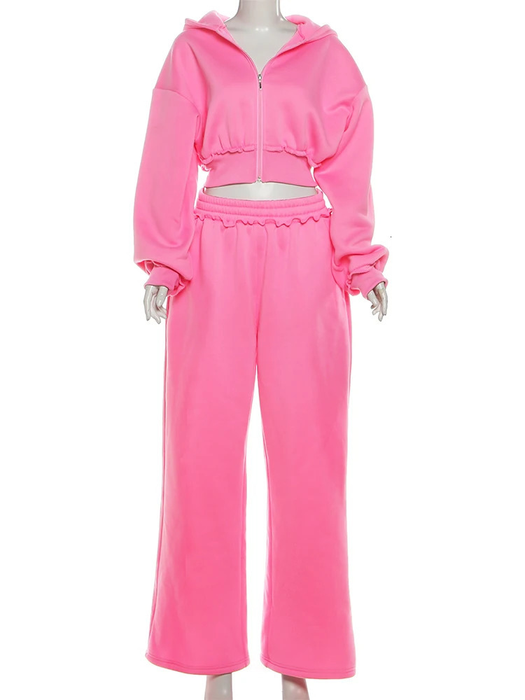 Weird Puss Casual 2Piece Set Women Tracksuit Sporty Zip Patchwork Hooded Crop JacketStraight Pants Matching Streetwear Outfits 251029