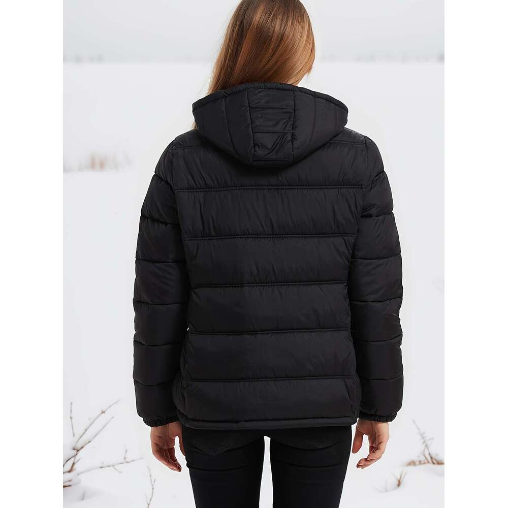 Women S Elegant Casual Long Sleeve Hooded Puffer Jacket Polyester Non Stretch Solid Color With Pockets And Flared Hem