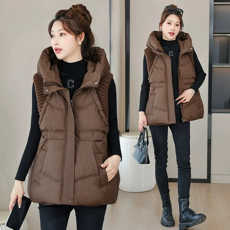 Down Cotton Vest Women Autumn Winter Knitted Stitching Hooded Sleeveless Casual Cottonpadded Jacket Waistcoat Ladies Tops 251024