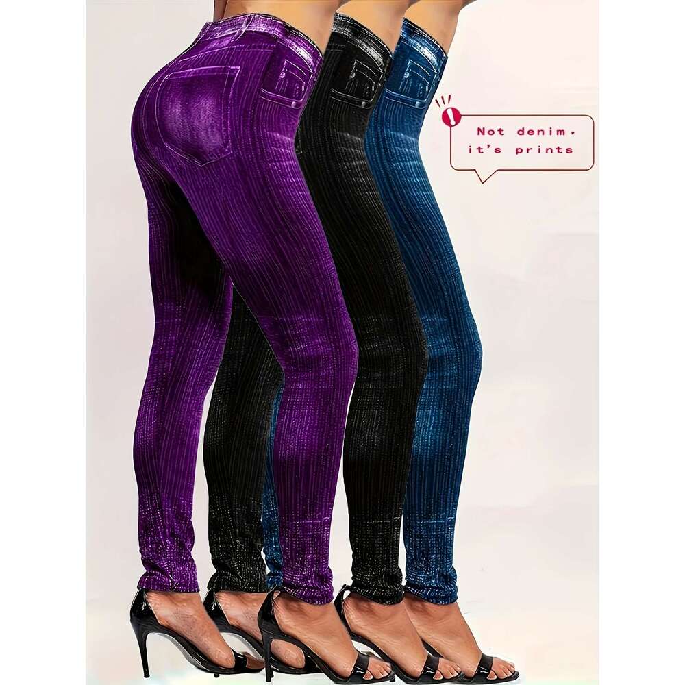 3pcs Imitation Denim Print Leggings Set