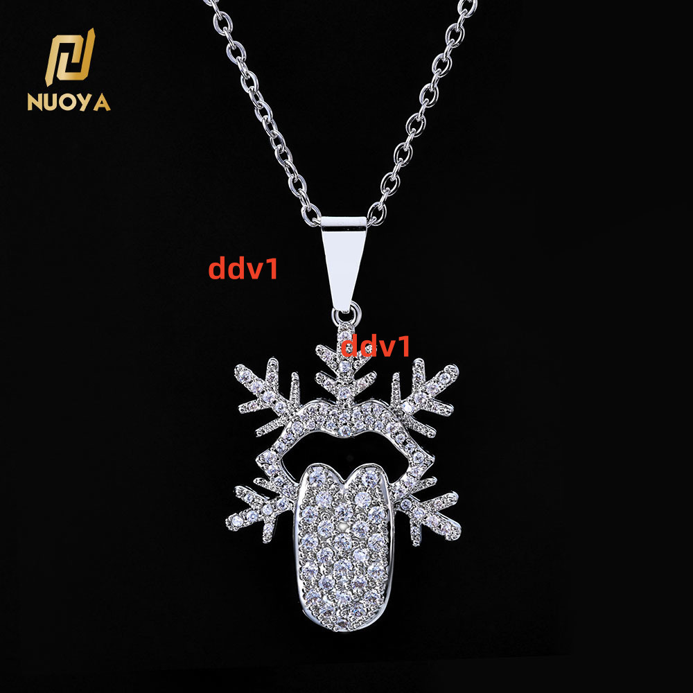 NUOYA Fashion Christmas Jewelry Iced Out Silver Plated Diamond Tongue Shape Snowflake Pendant for Men Women Luxury Gift Necklace Designer's style