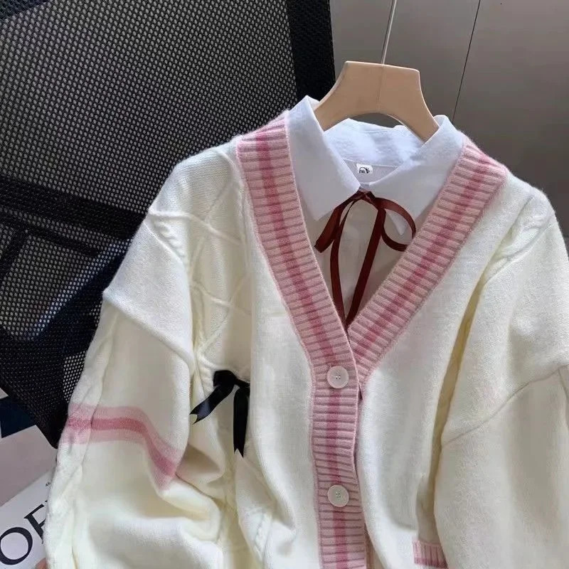 Sweet Bow Sweater Cardigans Women Y2K Aesthetic Contrast Color VNeck Knitted Cardigan Kawaii Jk Single Breasted Sweaters Coat 251028