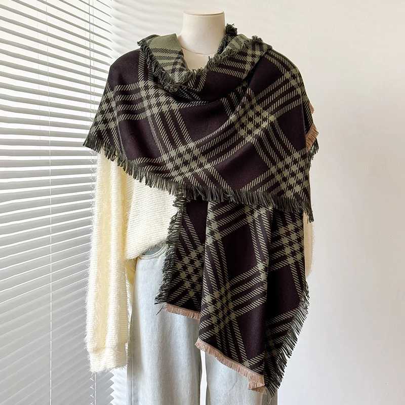 Womens Warm Striped Plaid Imitation Cashmere Scarf Simple Thick Jacquard Design Shawl for Autumn WinterW251030