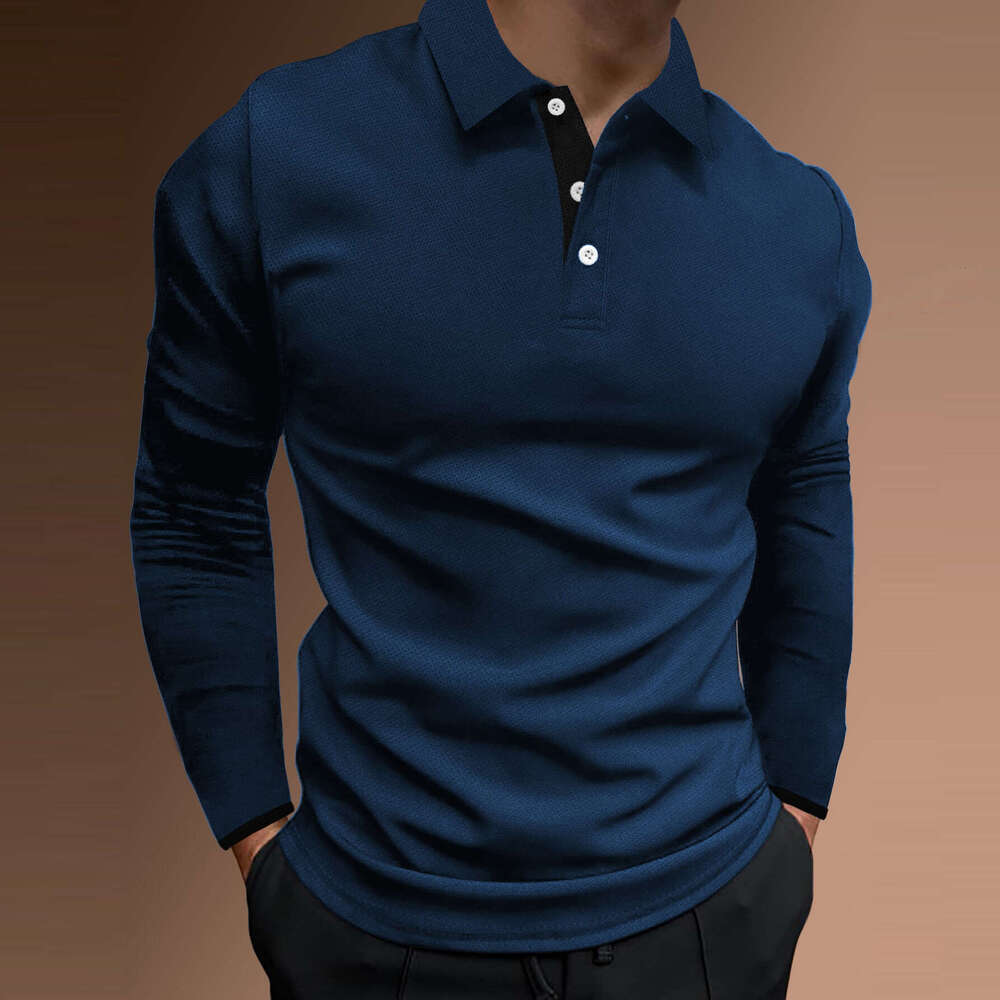 European Size Men's Autumn Sports Fitness Casual Stand Collar Stretch Vertical Stripe Long Sleeve Polo Shirt
