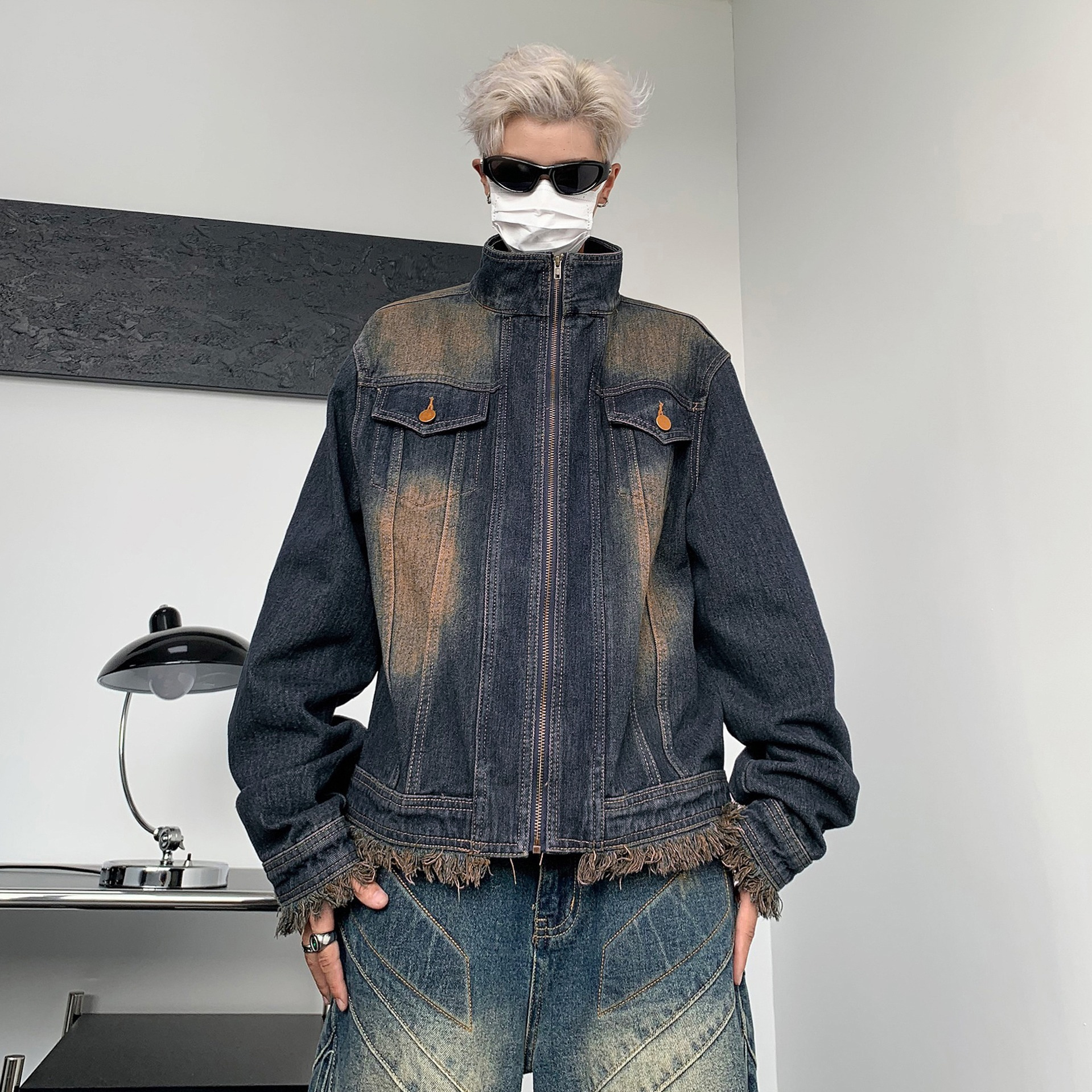 Spring And Autumn American Designer Jacket High Street Style Unisex Denim Jacket High-end Couple Motorcycle Trendy Brand Fake Two-piece Jacket For Men