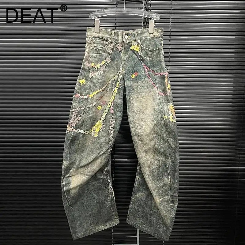 DEAT Fashion Womens 3D Chain Printed Contrast Color Jeans Niche High Waist Casual Denim Pants Female Trendy 11A04071 251029