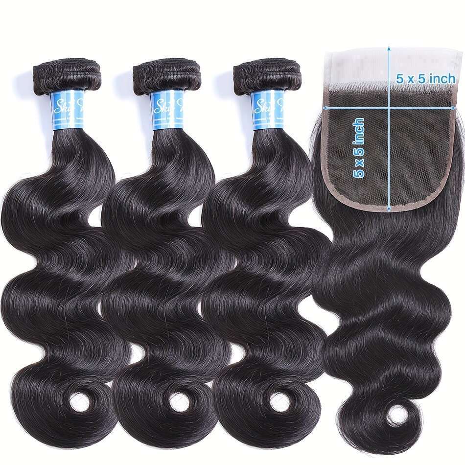 Body 100% Brazilian Virgin 3 5X5 Free Part Lace Human With Closure Color Weaving Extensions Bundles, Hair Bundles For Weaving, Natural Wave Texture, S