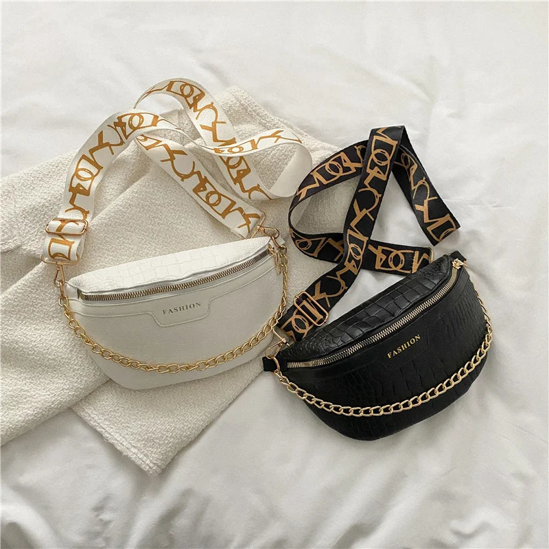 Vintage Pattern PU Fanny Packs For Women Elegant Chain Waist Bag Female Waist Pack Wide Strap Crossbody Chest Bag 251023