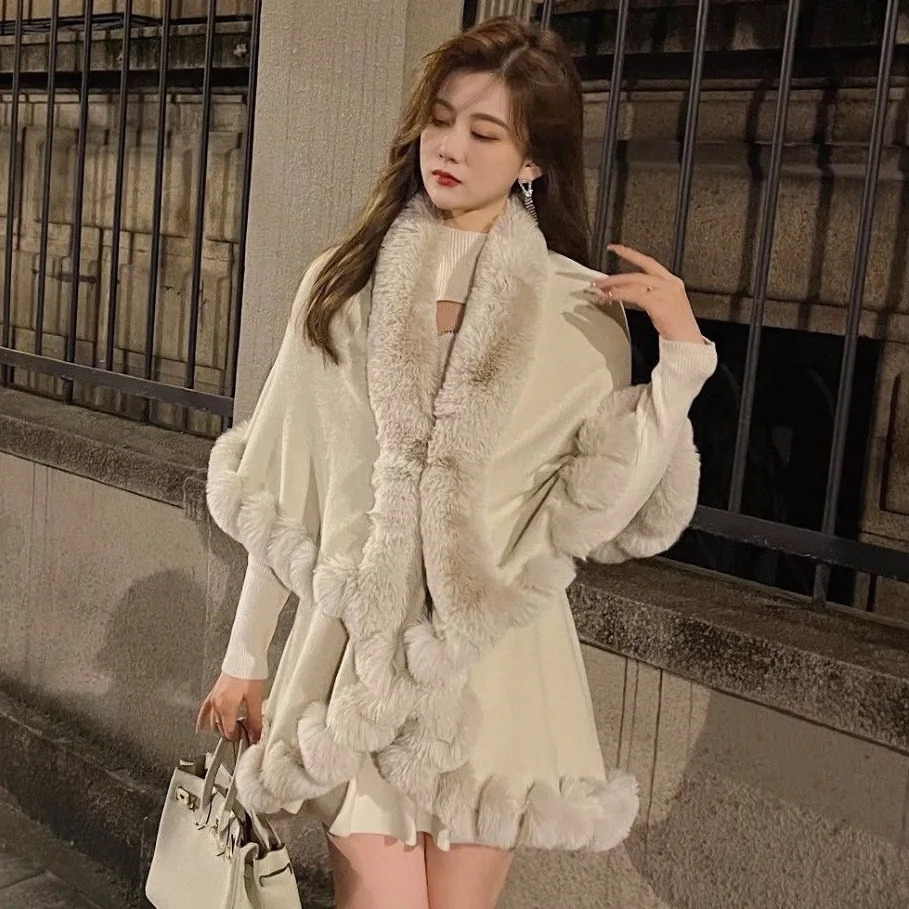 Women Cloak Coats Jackets Open Stitch Fur Collar Capes Coat Ponchos Y2k Streetwear Jacket Outerwear Elegant Autumn Winter 251029