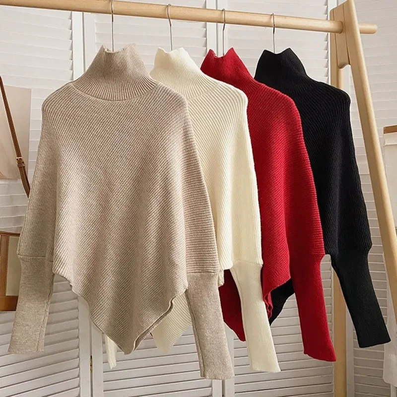 Korea Autumn Winter Women Fashion Irregular Loose Knit Sweater Vintage High Neck Long Sleeve Female Pullovers Chic Tops 251028