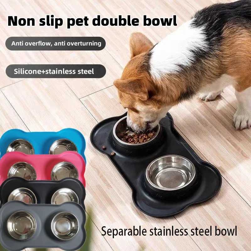Pet supplies food utensils stainless steel folding dog bowl cat bowl placemat silicone double bowl leakproof easy to clean J251113