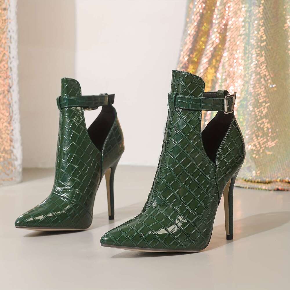 Women's Green Glossy Alligator-Textured Pointed-Toe Stiletto High-Heel With Buckle Closure Sophisticated Dress Shoes Parties, Formal Events, Casu