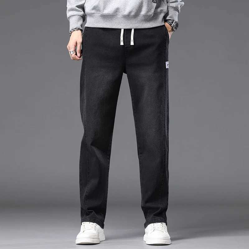 Autumn Winter Blue Jeans Men Drawstring Elastic Waist Cotton Cargo Denim Pants Work Fashion Thick Trousers Male Plus Size M4XL J251030