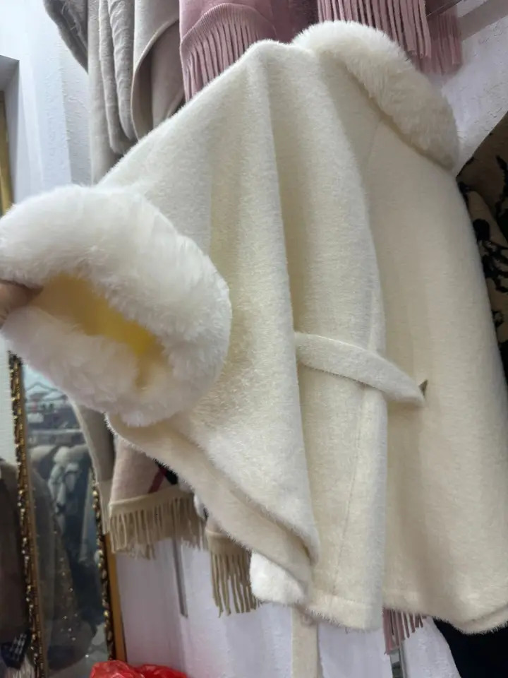3 Colors Women Fur Cashmere Cardigan Button Loose Coat Winter Warm Woolen Poncho Cape Batwing Sleeves Overcoat With Ball Belt 251029