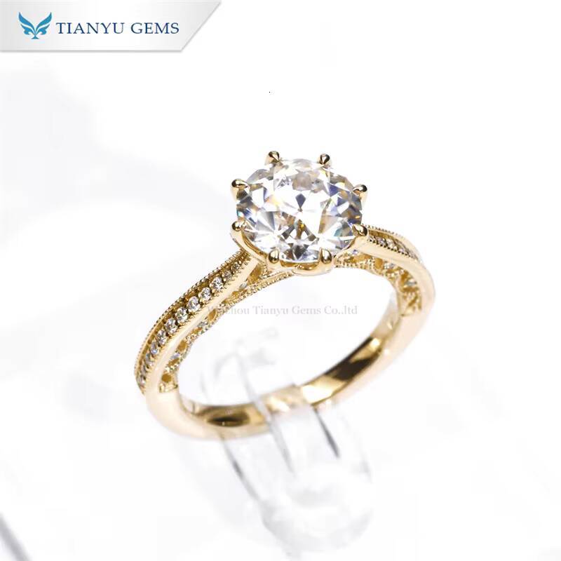 Tianyu Wedding Round Shape D VVS Moissanite OEC 9MM 10K 14K 18K Yellow Gold Milgrain Engagement Rings for Gifts Presents
