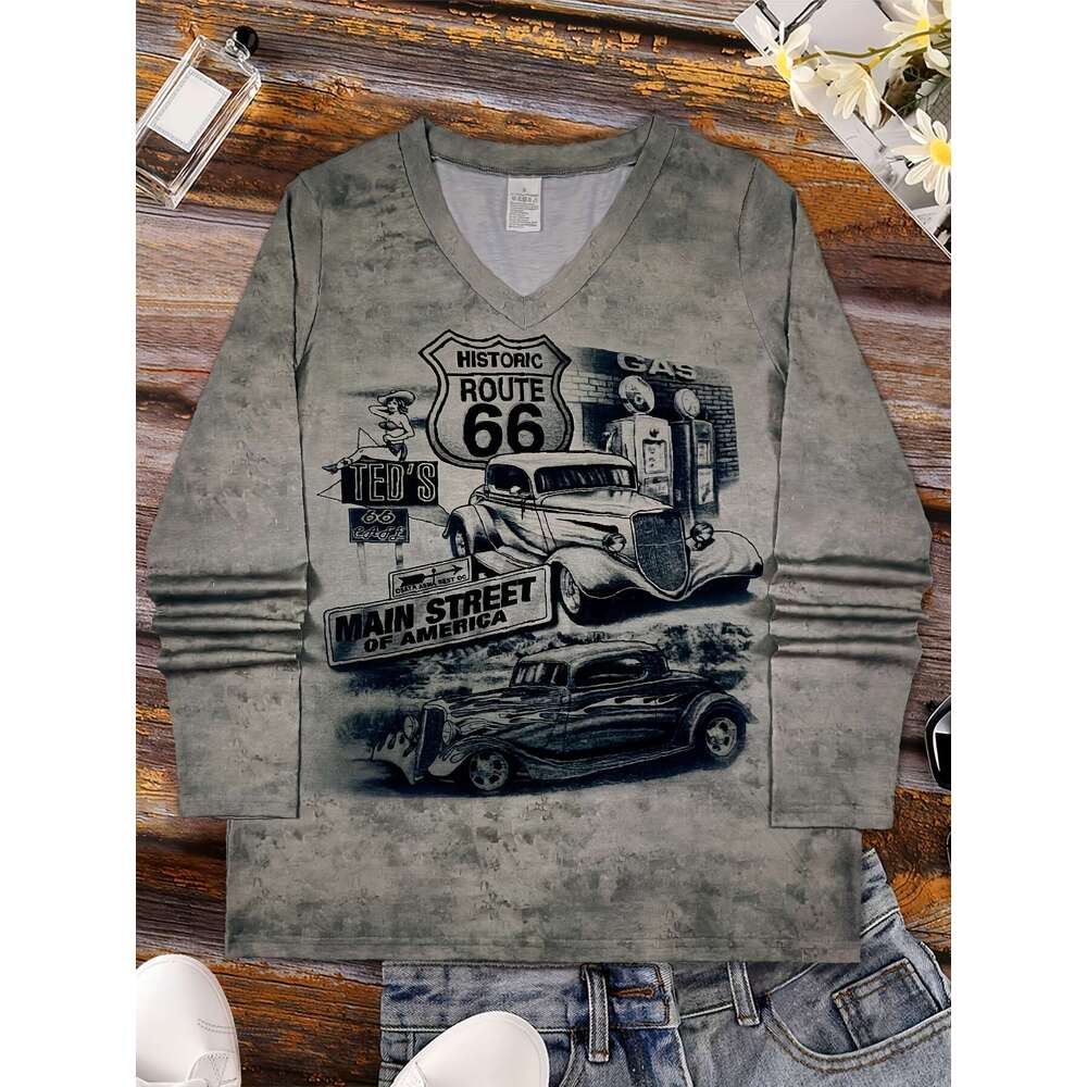 Women's Vintage Route 66 Graphic V-Neck Long Sleeve T-Shirt - Casual Attire With Classic Car Design, Soft Fabric, All-Season Comfort Fit, Ladies 