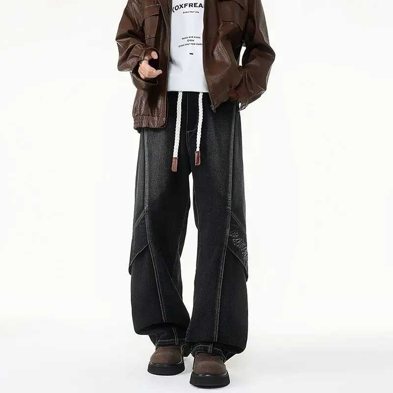 Mens Denim Washed Retro Spliced Oversized Autumn And Winter American Woven Leather Handsome Straight Leg Casual Wide Leg Pants J251030