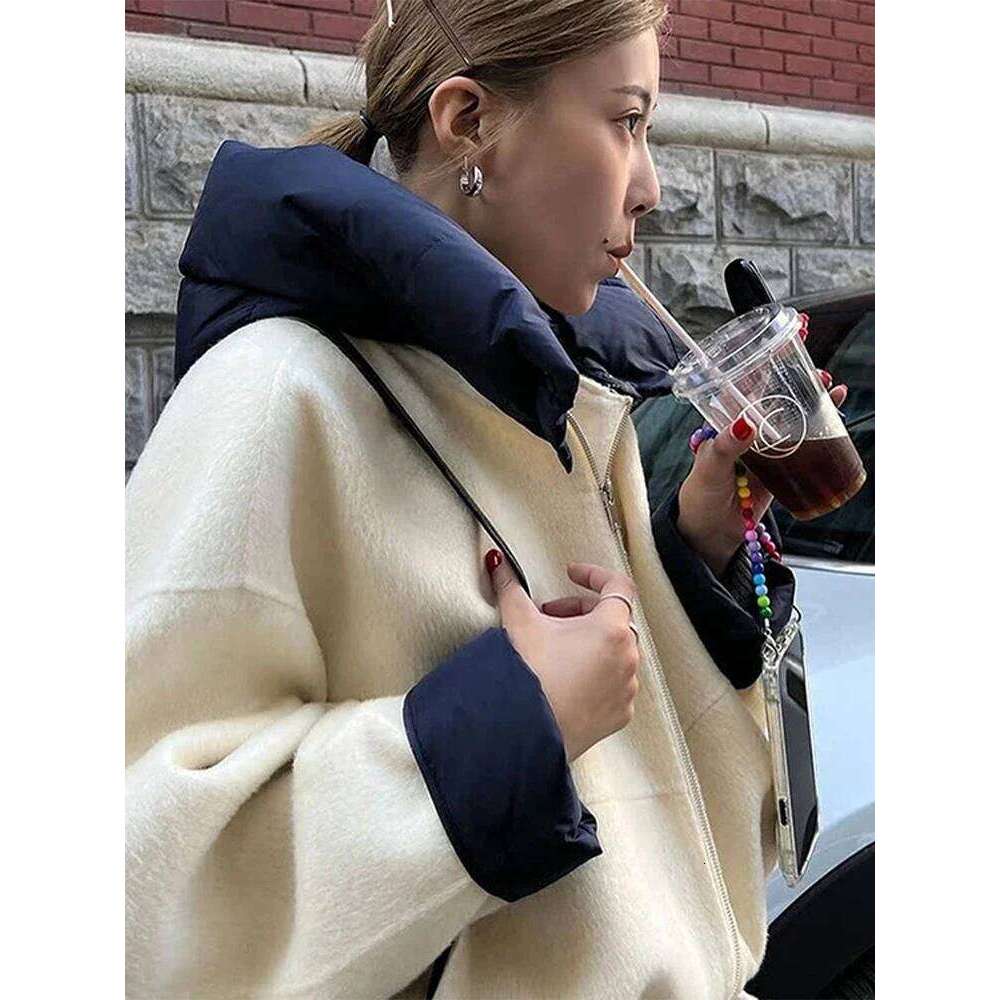 Fashion Women Patchwork Jacket With Hat Casual Long Sleeve Lady Coat Autumn Winter New Loose Female Outerwear High Street