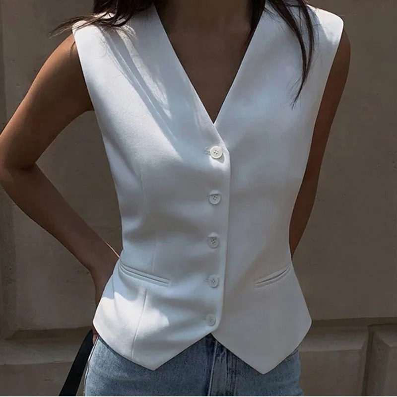 Summer Solid Color Simple Clip Suit Vest Fashion and Versatile Short Cardigan Vests Black White Cardigan Female 251029