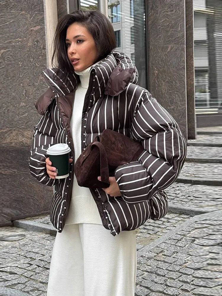 Winter Women Striped Hooded Cotton Jacket Long Sleeve Stand Zipper Buttons Thickening Padded Jackets Casual Office Lady Coat 251030