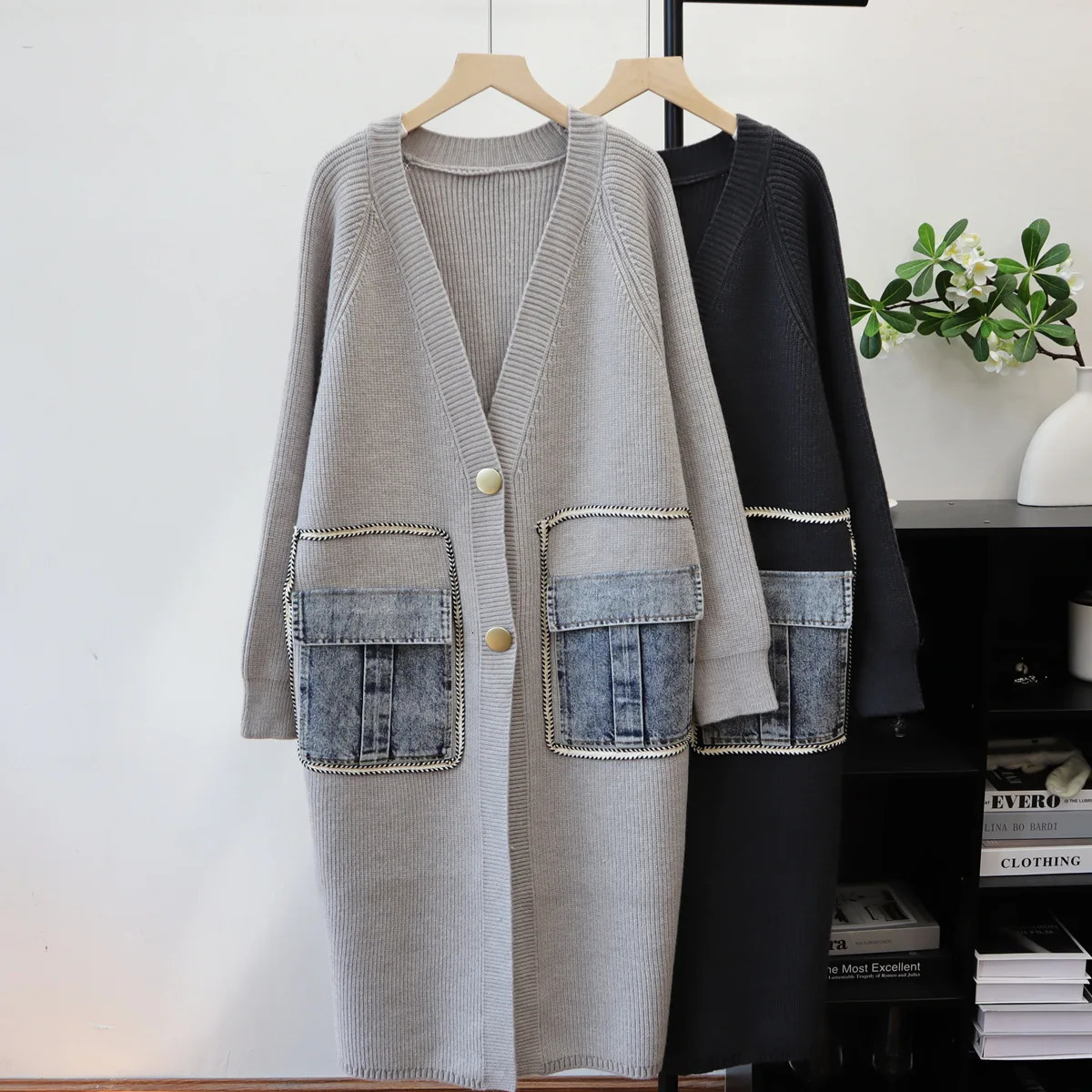 Spliced Women Cardigan Sweaters Knitted Long Jumpers V Neck Long Sleeves Denim Pocket Button Loose Fit Casual Autumn Winter 2025 251029