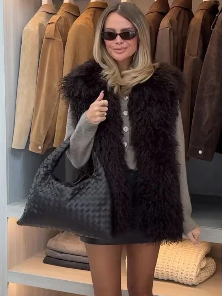 TFMLN Fur Vest For Women Solid Color Sleeveless Waistcoat Jacket Long Faux Winter Thick Fashion Lady Coat 251028