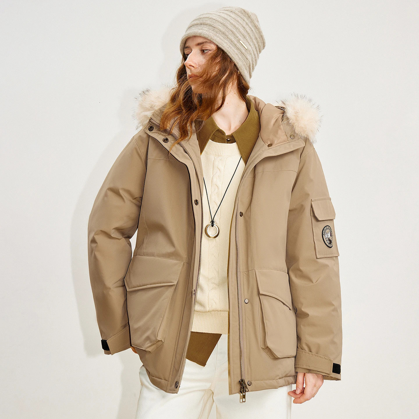 TOYOUTH Women 90 Down Jacket Winter Fur collar Hooded Large Pocket Workwear Style Outdoor Warm Jacket Coat 251028