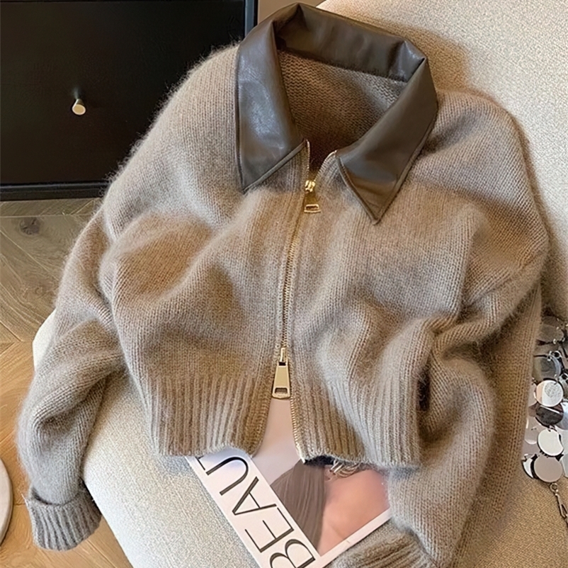 Patchwork Zipper Cropped Cardigan Women 400g Thick Autumn Knitted Sweater Bomber Jacket Short Fitted Knitwear Coat 251029