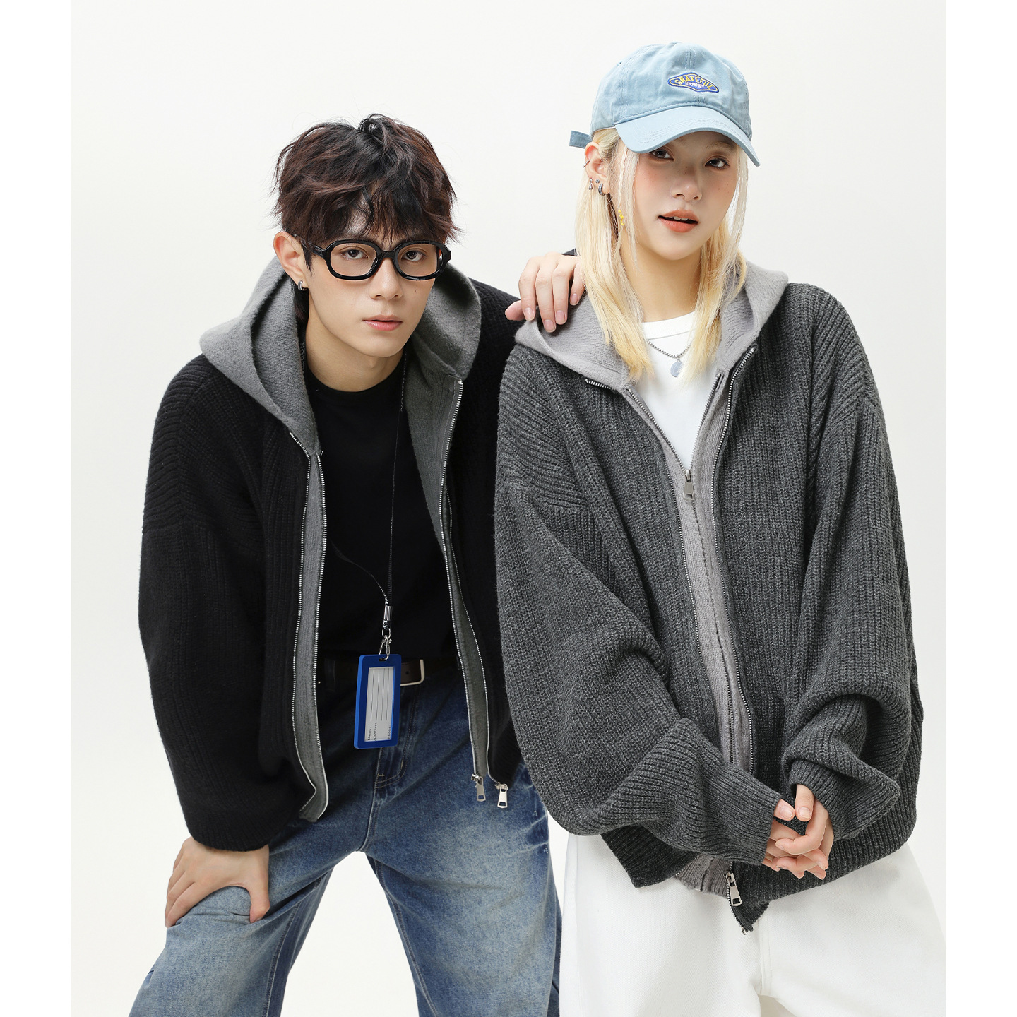 Textured Imitation Deer Fur Plush Fake Two-piece Cardigan Hooded Designer Sweater Sweater Men's Autumn Winter Trendy Brand Couple Knitted Sweater