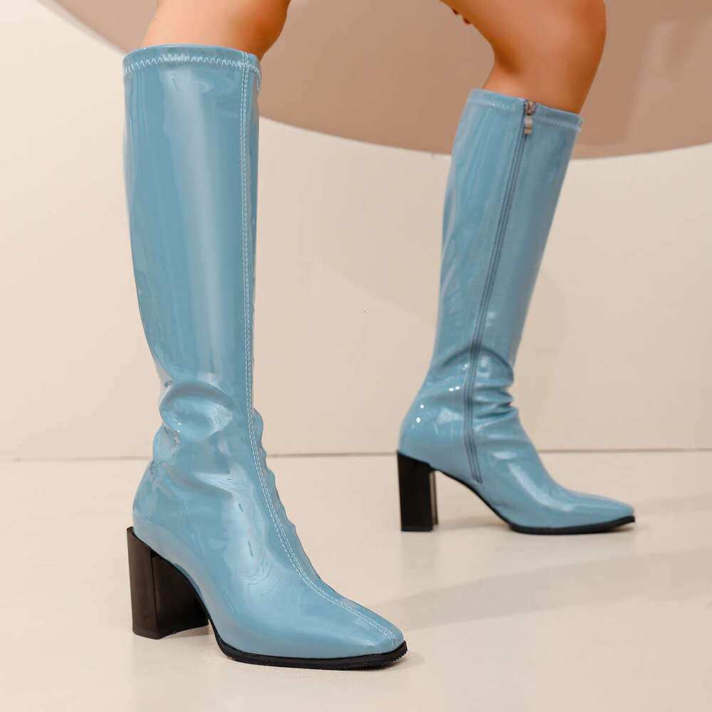 Women's Turquoise Cobalt Blue Glossy Faux Cover High-Knee With Thick Block Heel & Back Zipper Elegant Dress For Dresses, Skirts, Jeans - All-Seas