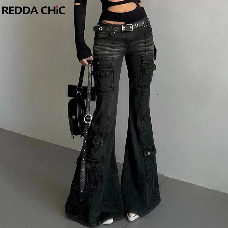 REDDACHiC Acubi Fashion Black Flare Jeans Retro Whiskers Skinny Stretch Low Rise Pockets Cargo Pants Women Grunge Alt Streetwear 251029