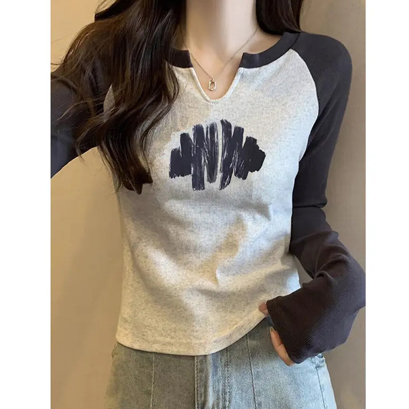 2025 Spring & Autumn Colorblock Raglan Sleeve American Retro Innerwear Base Layer T-Shirt Women's Print Slimming Top