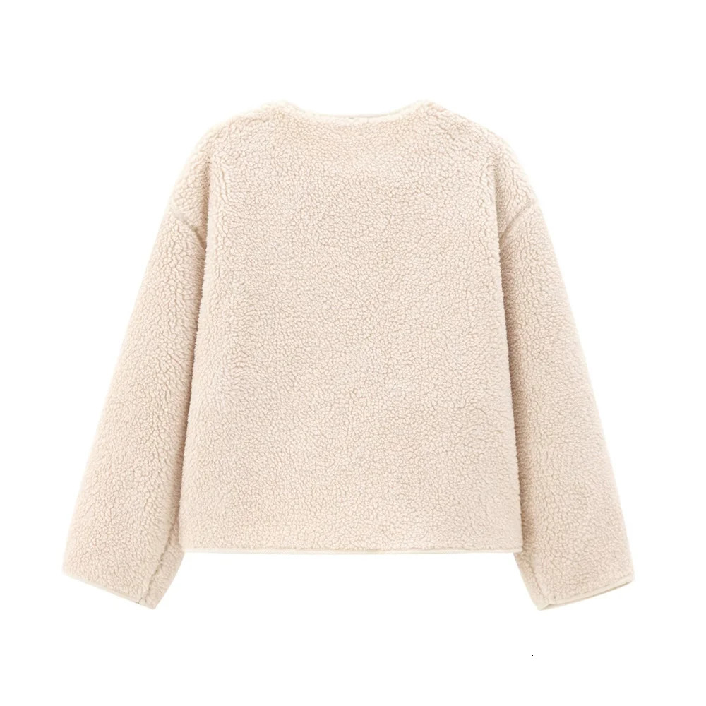 autumn and winter womens loose casual longsleeved round neck solid color comfortable simple fleece jacket 251028