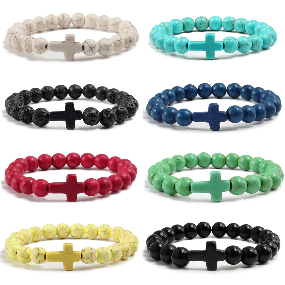 Fashion Jesus Cross Natural Stone Bracelets Charm Blue Pine Stone Black Lava Matte Beaded Bracelets Bangles Women Yoga Jewelry 251028