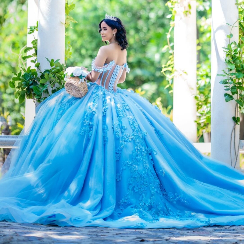 Sky Blue Shiny Quinceanera Dresses Off The Shoulder Applique Flower Beading Crystal Party Birthday Sweet 16 Dress Vestidos 15 Anos