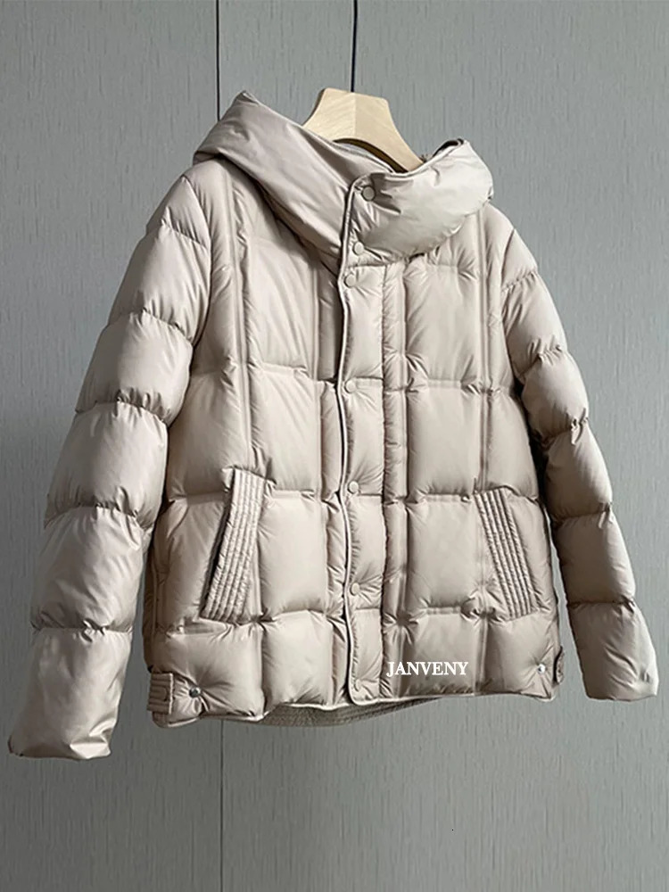 Janveny Fashion Winter Lightweight Hooded Puffer Jacket Women Long Sleeve 90 White Duck Down Cropped Casual Coat Warm Parka 251023