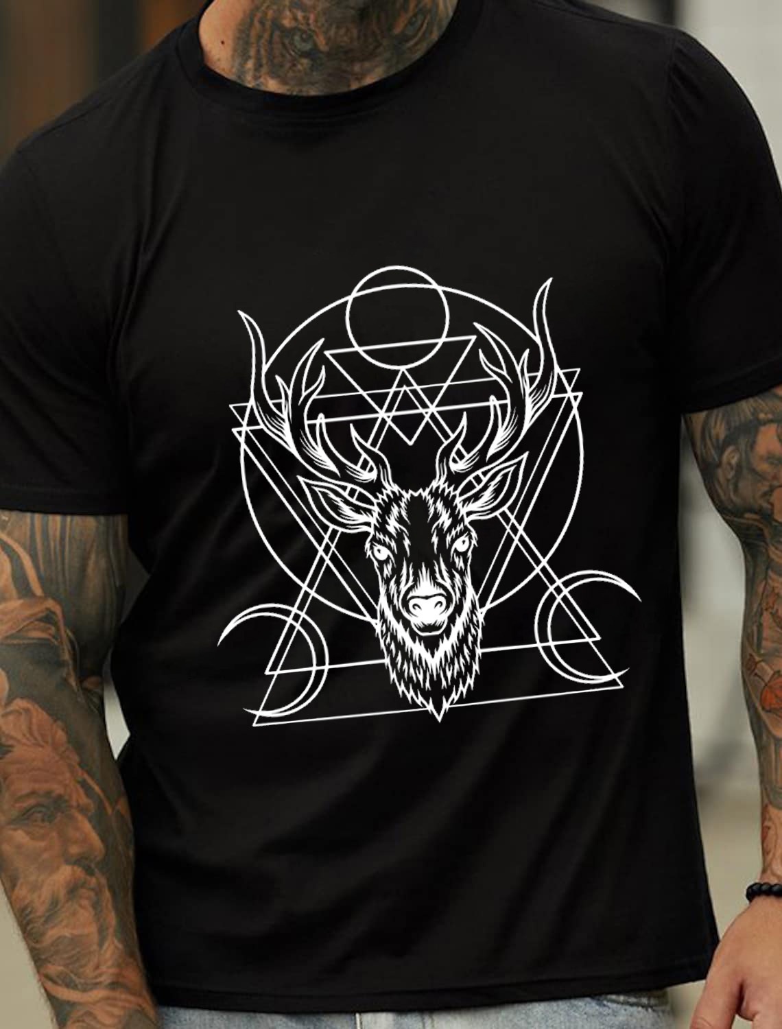 European & American Oversized Deer Head Geometric Print Men's Cotton Summer T-Shirt - TT7193
