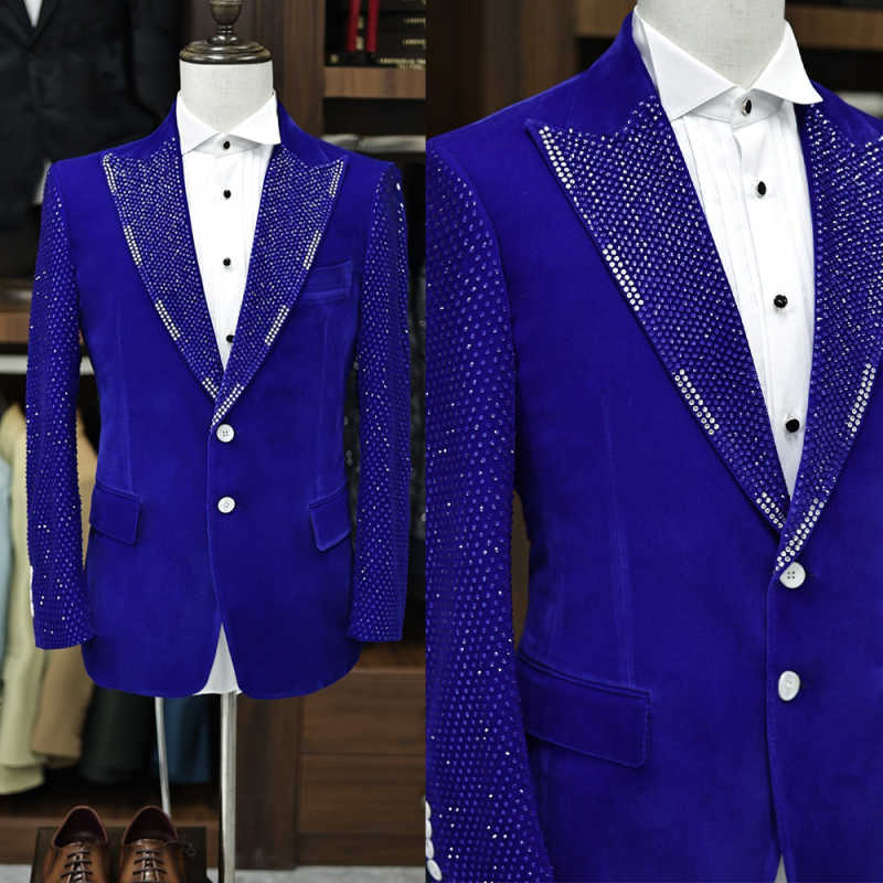 Fashion Men's Suit 2 Pieces Blazer Pants Peak Lapel Shiny Crystal Beading Wedding Groom Party Prom Customized