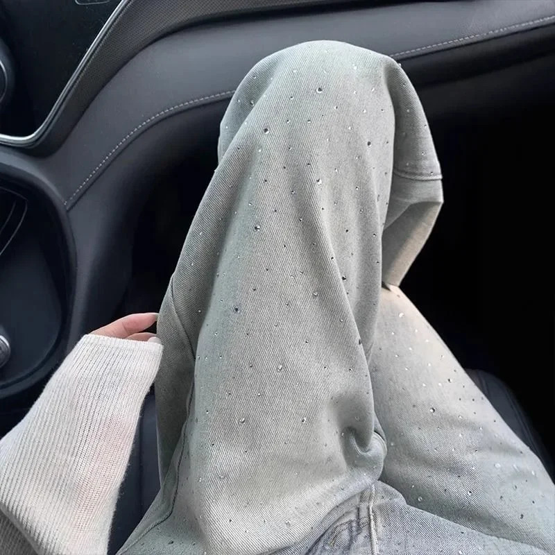 Retro Light Colored Heavy Rhinestone Straight Leg Denim Jeans Womens Casual High Waist Slimming Wide Leg Pants n Spring 20 251029