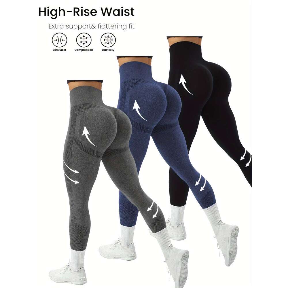 3-Pack High-Waist Compression Sports Leggings Women with Side Stripe Detail, Polyamide & Elastane, Solid Color, High Stretch, Skinny Fit, Cropped Leng