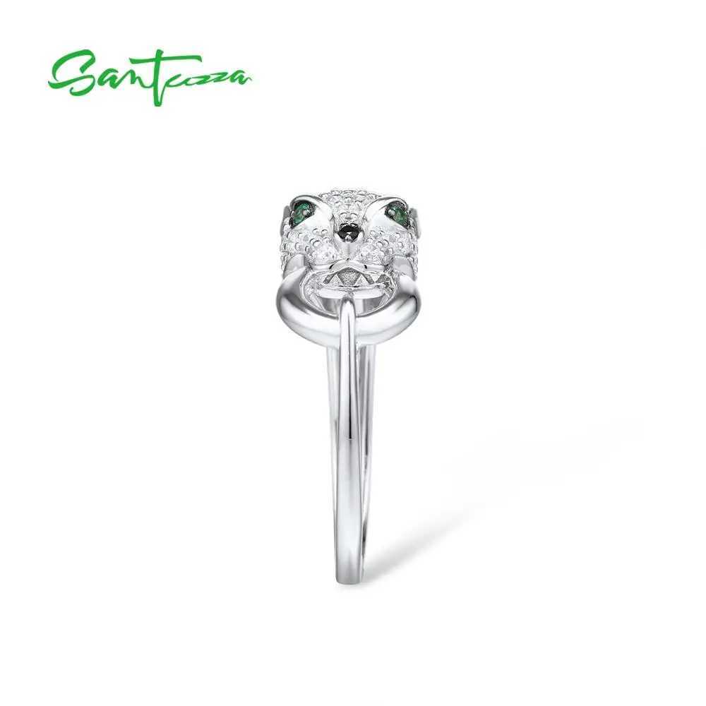 SANTUZZA 925 Sterling Silver Ring For Women Green Spinel White Cubic Zirconia Leopard Panther Rings Party Trendy Fine JewelryW251030