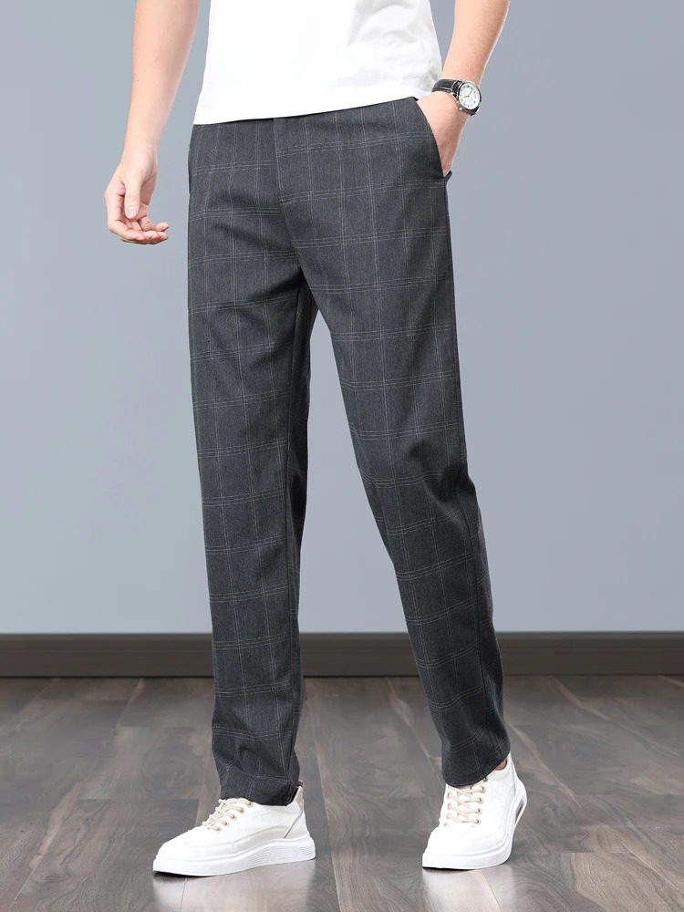 Summer Thin Plaid Formal Stretch Pants Men Slim Business Grey Black Casual Pant Fashion Male Clothing England Trousers 251028